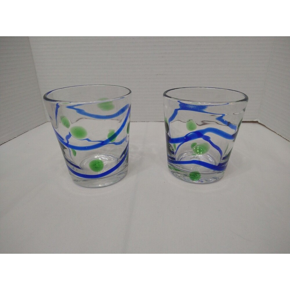 Set of 2 San Miguel Jay Weberling Lowball Rocks Bar Glasses Handblown Blue Green